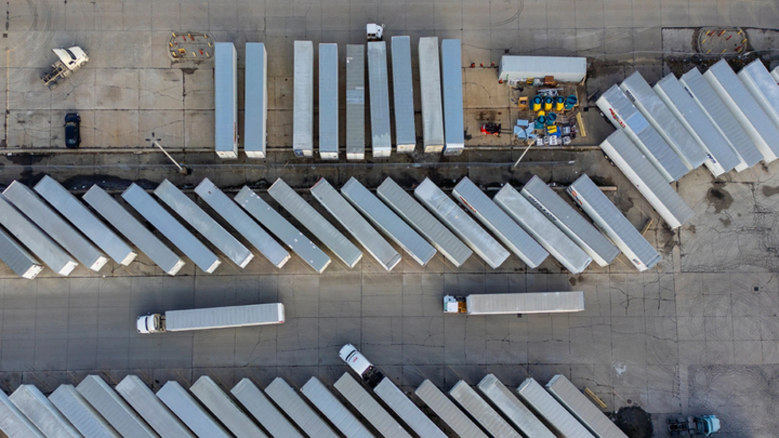 A drone view of trailers parked at Stellantis’s Chrysler Windsor Assembly facility in Windsor, Ontario, Canada, February 4, 2025. 